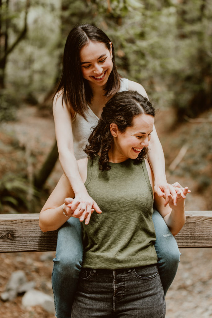 LGBTQ+ couple during this forest and river Guerneville engagement session.
