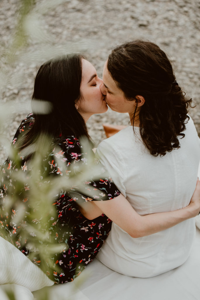 LGBTQ+ couple during this forest and river Guerneville engagement session.