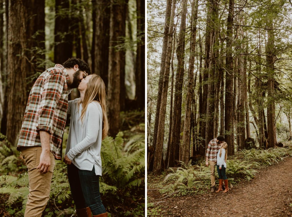 A couple stops on a trail in a redwood forest on the Sonoma coast for a kiss.