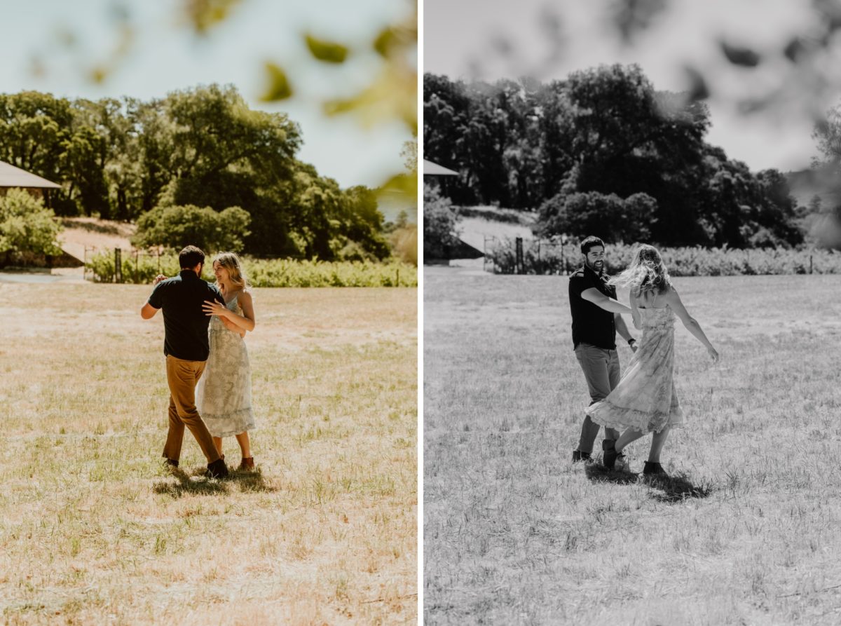 A couple dances together in Jack London State Park for their engagement session.